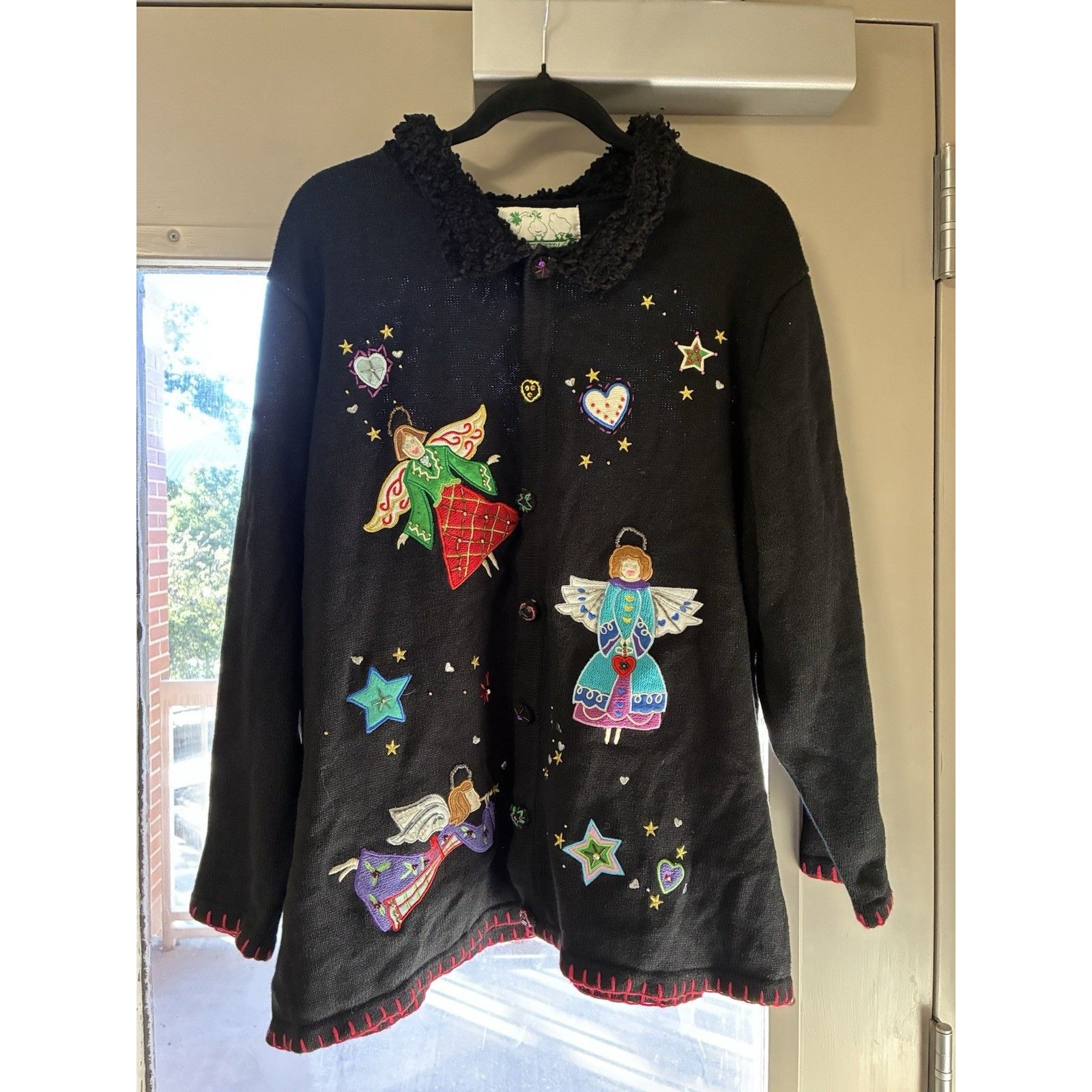 Quacker Factory Black Button-Up Cardigan Angels & Hearts Sweater Size 2x